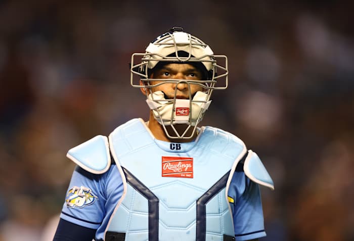 Jun 27, 2023; Phoenix, Arizona, USA; Tampa Bay Rays catcher Christian Bethancourt against the Arizona Diamondbacks at Chase Field. Mandatory Credit: Mark J. Rebilas-USA TODAY Sports